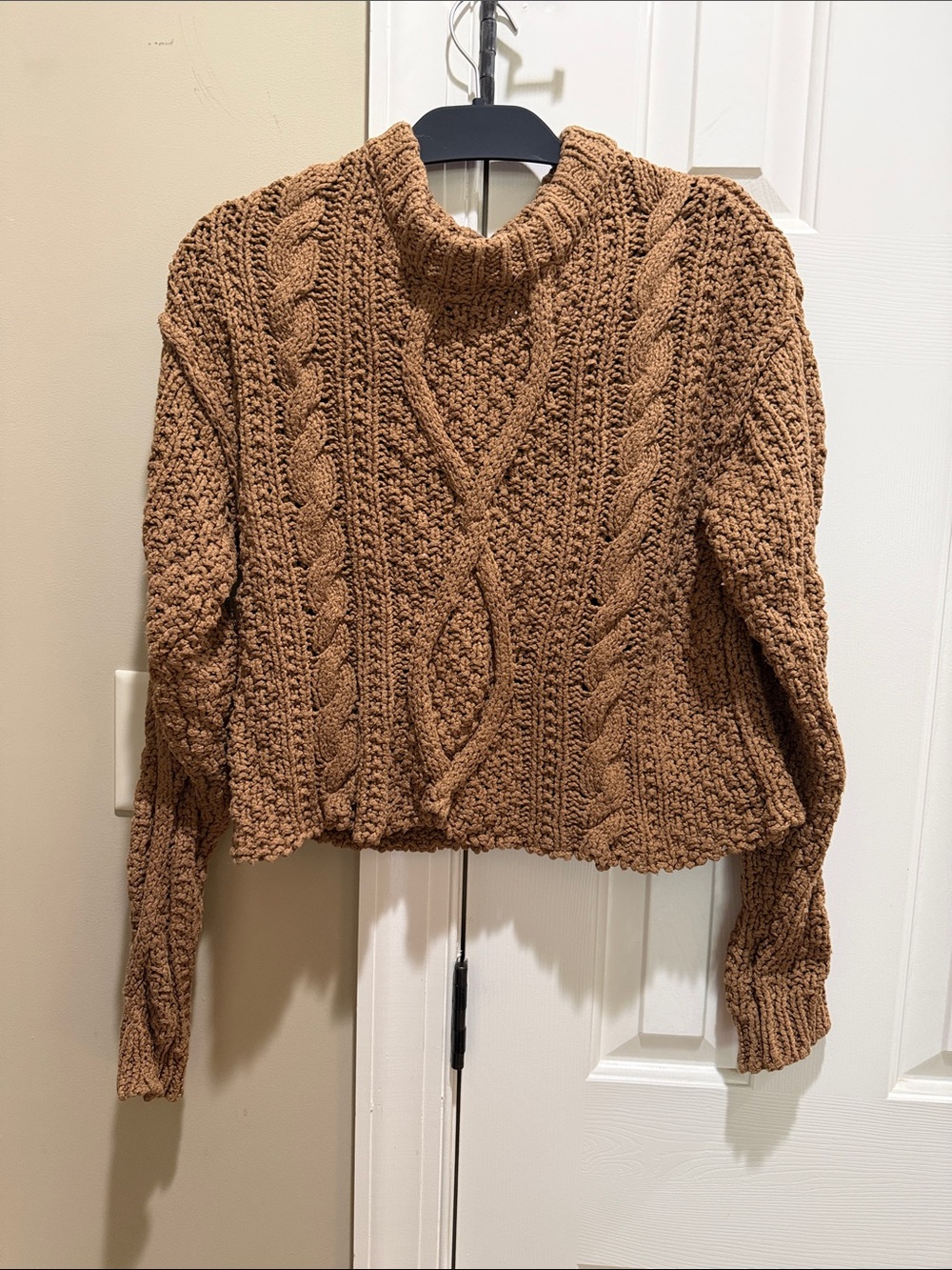 Free People Cropped Cable Turtleneck Sweater - Camel